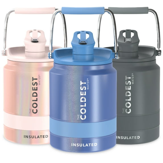 Coldest Sports Water Bottle - 1/2 Gallon (Straw Lid), Leak Proof, Vacuum Insulated Stainless Steel, Hot Cold, Double Walled, Thermo Mug, Metal Canteen (1/2 Gallon, Blue Glitter)