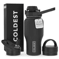thumbnail image 1 of Coldest Sports Water Bottle - 3 Insulated Lids (Chug Lid, Straw Lid, Loop Lid ) Double Walled, Thermo Mug, Metal Canteen (26 oz, Stealth Black), 1 of 6