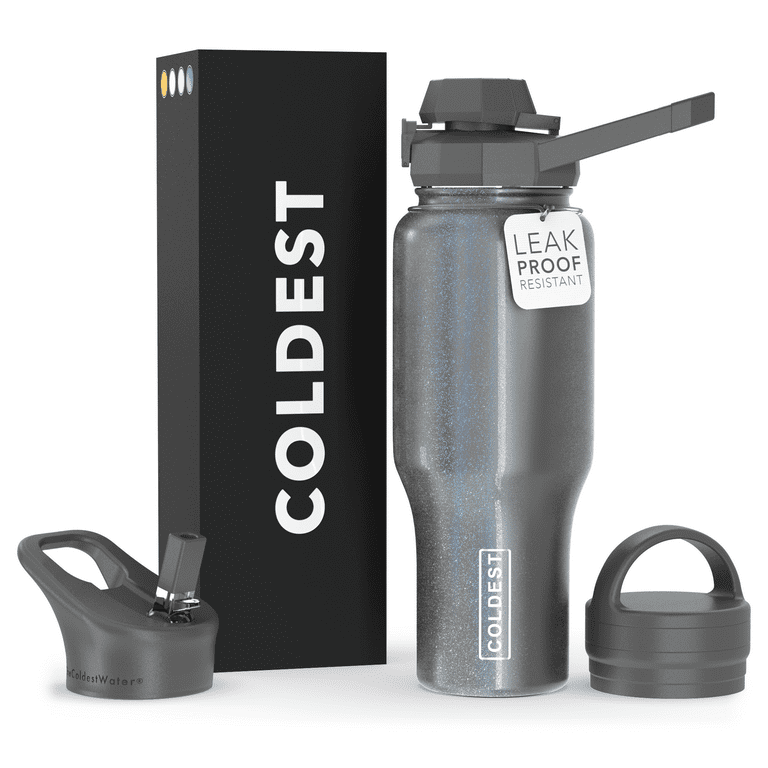 Coldest Sports Water Bottle - 3 Insulated Lids (Chug Lid, Straw Lid, Loop Lid ) Double Walled, Thermo Mug, Metal Canteen (46 oz, Neptune Blue Glitter)