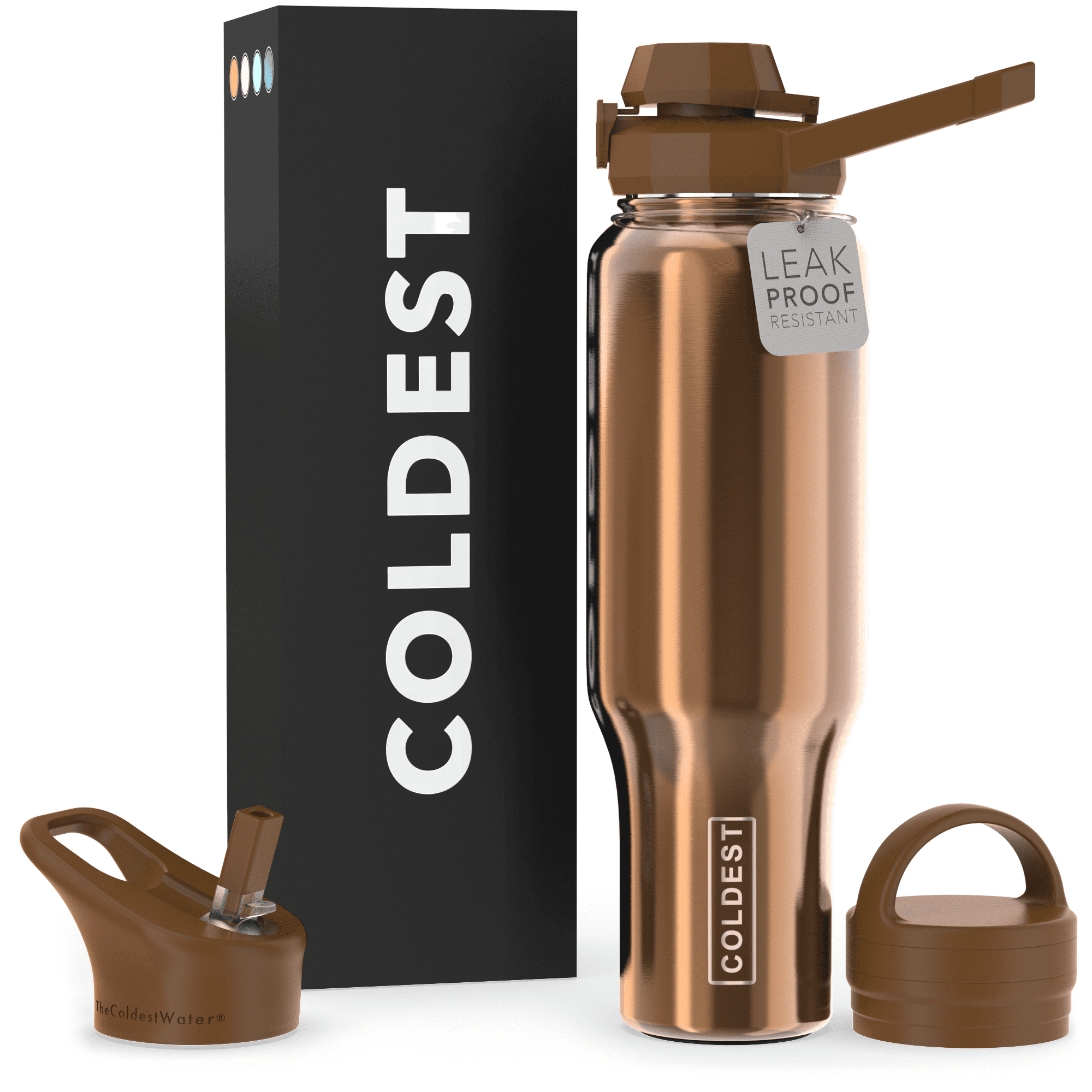 Coldest Sports Water Bottle - 3 Insulated Lids (Chug Lid, Straw Lid, Loop Lid ) Double Walled, Thermo Mug, Metal Canteen (46 oz, Asgardian Gold)