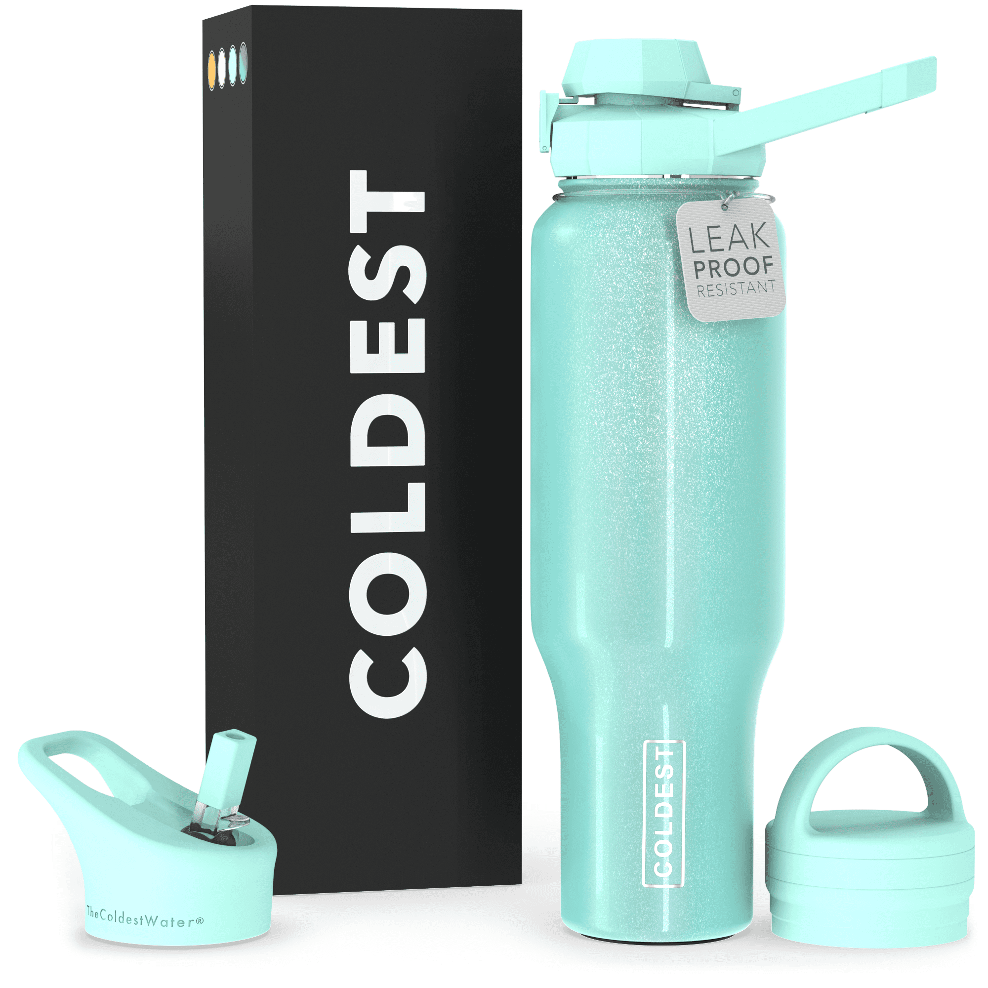 Coldest Sports Water Bottle - 3 Insulated Lids (Chug Lid, Straw Lid, Loop Lid ) Double Walled, Thermo Mug, Metal Canteen (46 oz, Astronaut Green Glitter)