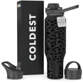 thumbnail image 1 of Coldest Sports Water Bottle - 3 Insulated Lids (Chug Lid, Straw Lid, Loop Lid ) Double Walled, Thermo Mug, Metal Canteen (46 oz, Black Leopard), 1 of 6