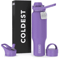 thumbnail image 1 of Coldest Sports Water Bottle - 3 Insulated Lids (Chug Lid, Straw Lid, Loop Lid ) Double Walled, Thermo Mug, Metal Canteen (46 oz, Galaxy Purple), 1 of 6