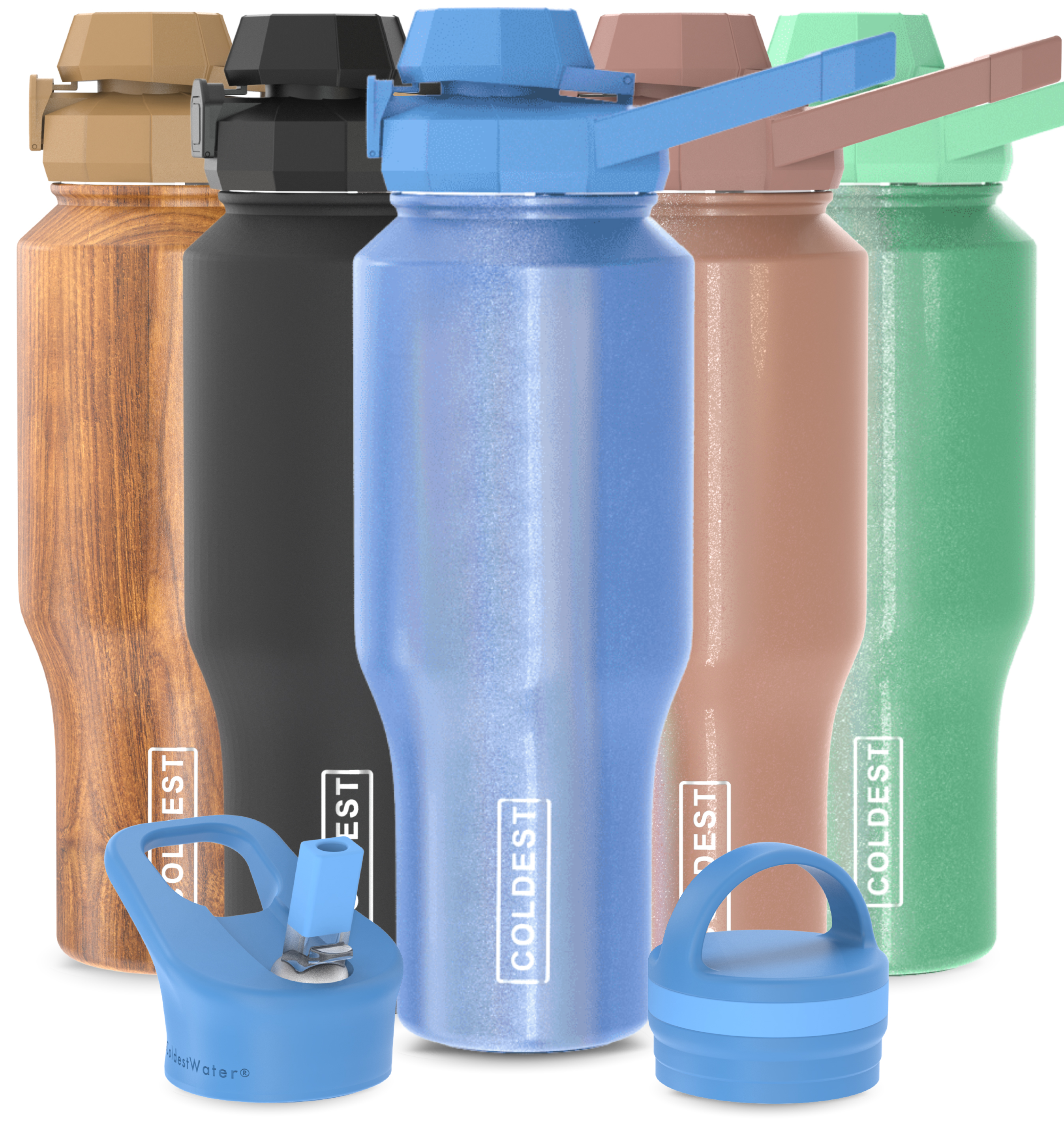 Coldest Sports Water Bottle - 3 Insulated Lids (Chug Lid, Straw Lid, Loop Lid ) Double Walled, Thermo Mug, Metal Canteen (46 oz, Neptune Blue Glitter)