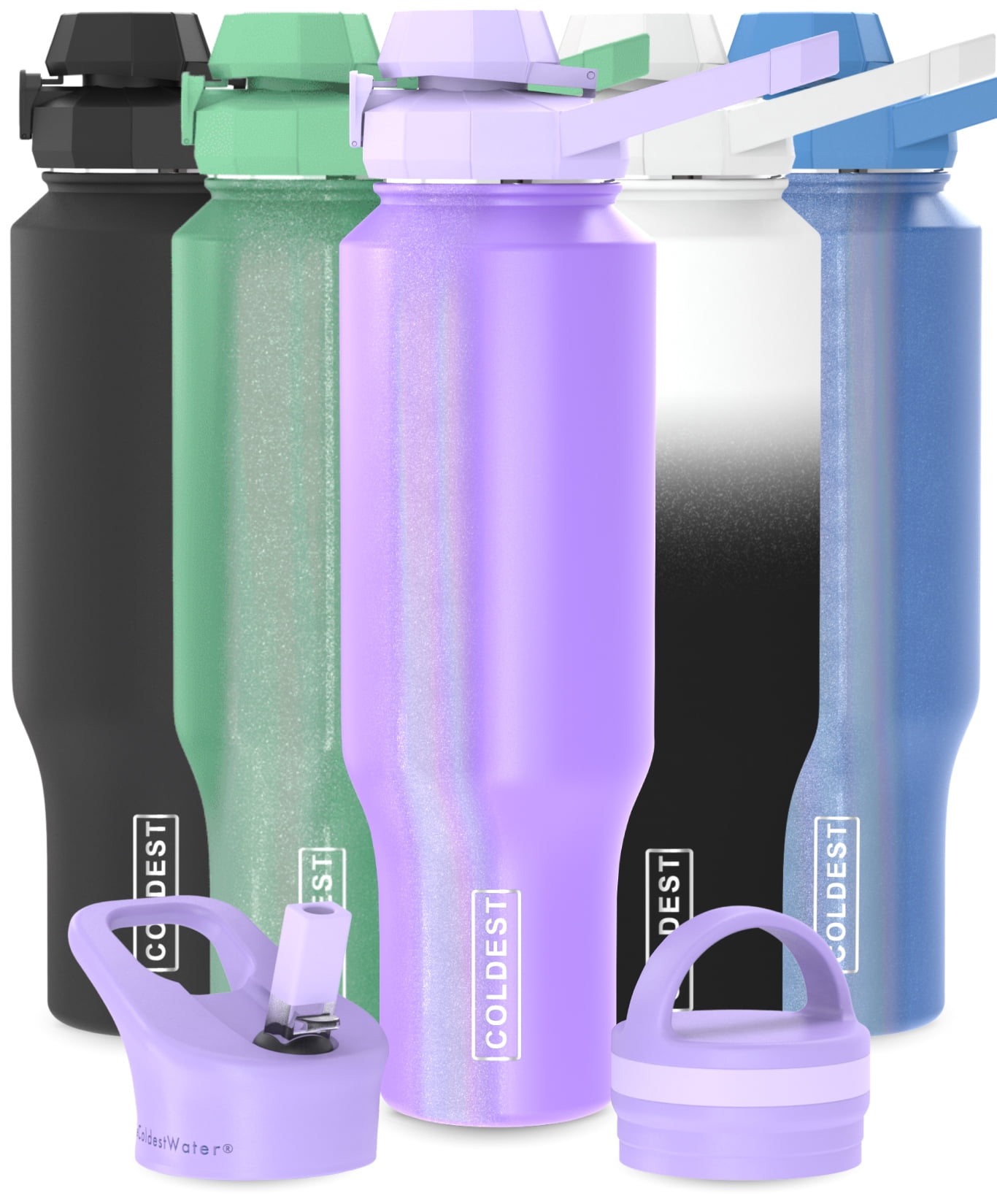 Coldest Sports Water Bottle - 3 Insulated Lids (Chug Lid, Straw Lid, Loop Lid ) Double Walled, Thermo Mug, Metal Canteen (46 oz, Neptune Blue Glitter)