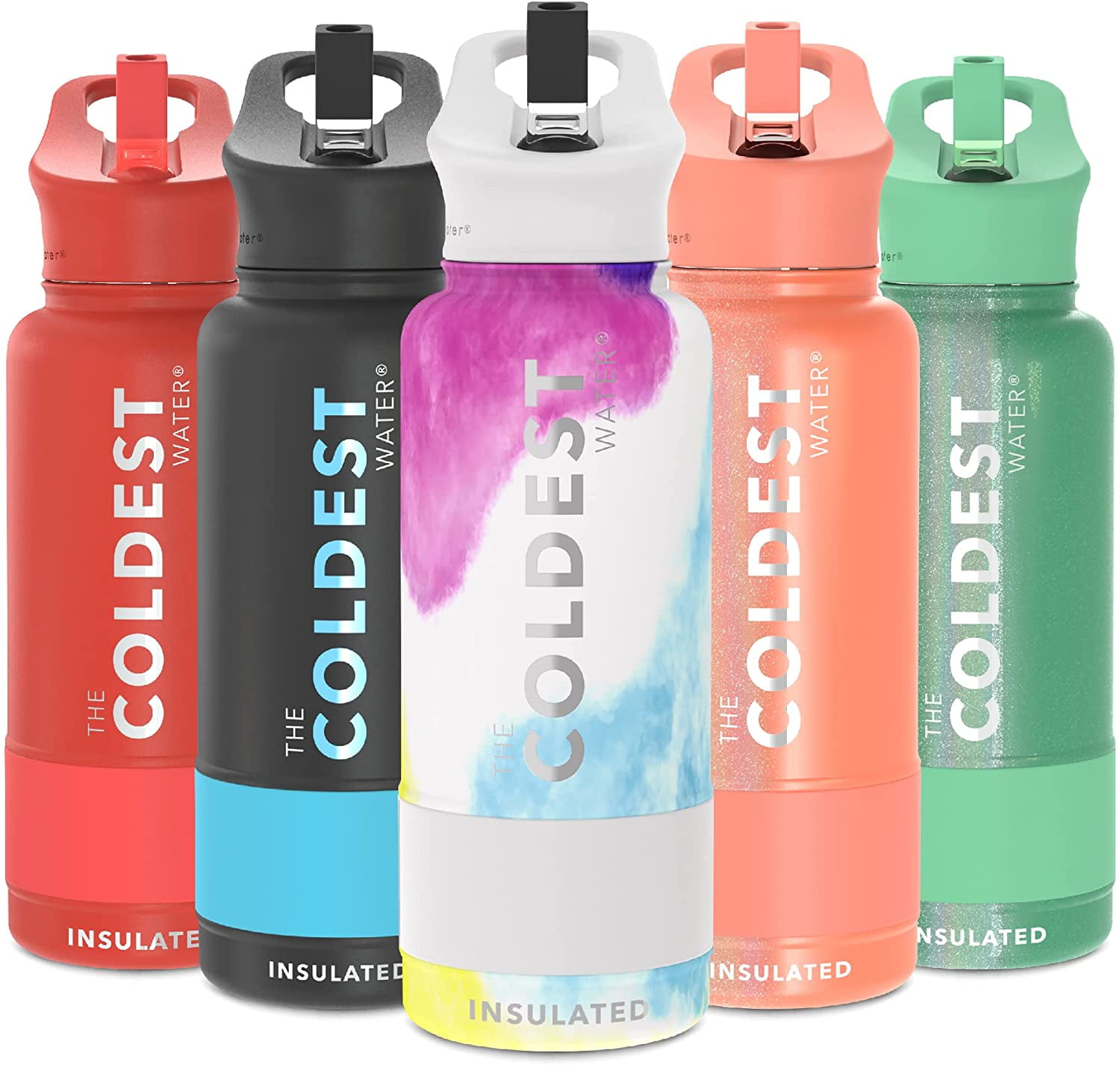 The Coldest Boot, Grip and Carribiner Set for Stainless Steel Water Bottles (White, 12oz and 21 oz)