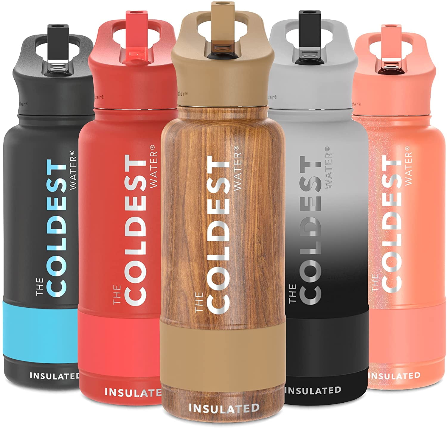 Oldley Insulated Water Bottle 32 oz Stainless Steel Water Bottles with  Straw Lid/Chug Lid/Carabiner Lid,Double Wall Vacuum Wide Mouth  Sweat/Leak-Proof