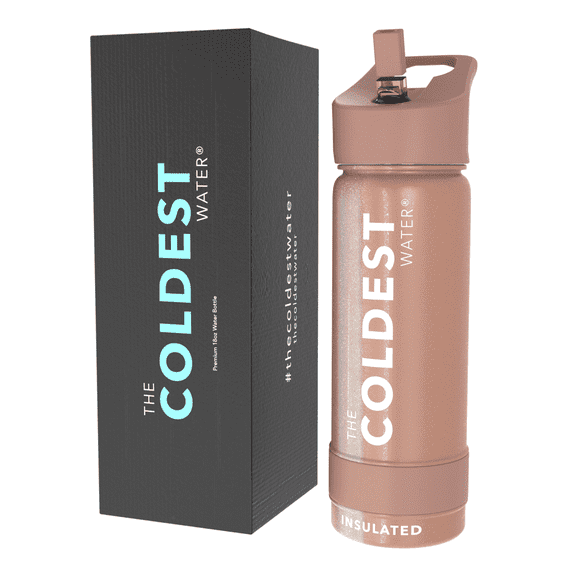 Coldest Sports Water Bottle - Straw Lid Bottle with Handle Leak Proof, Vacuum Insulated Stainless Steel, Double Walled, Thermo Mug, Metal | Rose Gold 18 oz