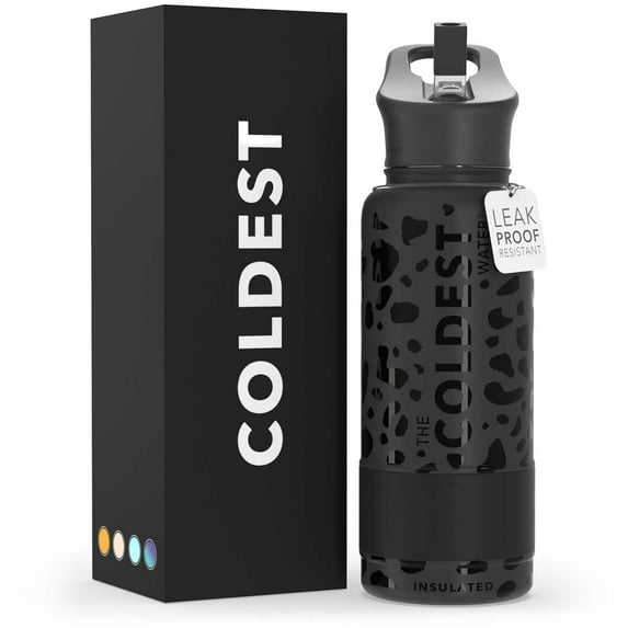 Coldest Sports Water Bottle with Straw Lid Vacuum Insulated Stainless Steel Bottles Reusable Leak Proof Flask for Sports (32 oz, Black Leopard)