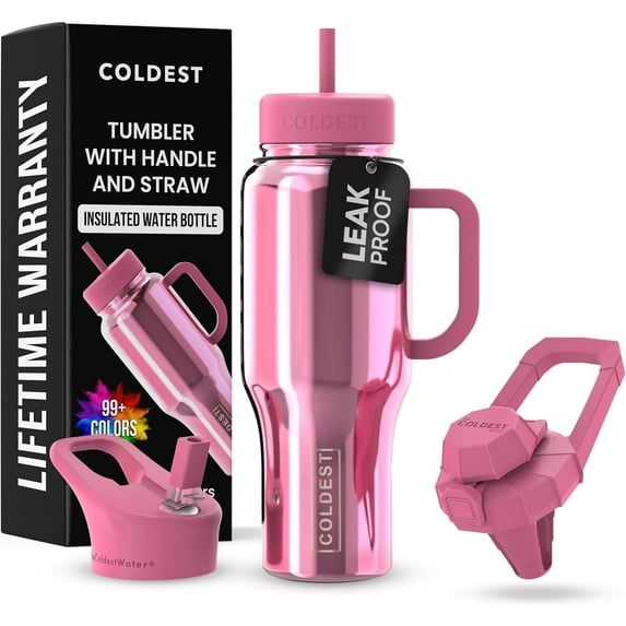 Coldest Tumbler with Handle and Straw Lid, 3 Lids Insulated Reusable Stainless Steel Water Bottle Travel Mug Gifts for Women Him Her, Limitless Collection (36 oz, Pink Reflect)
