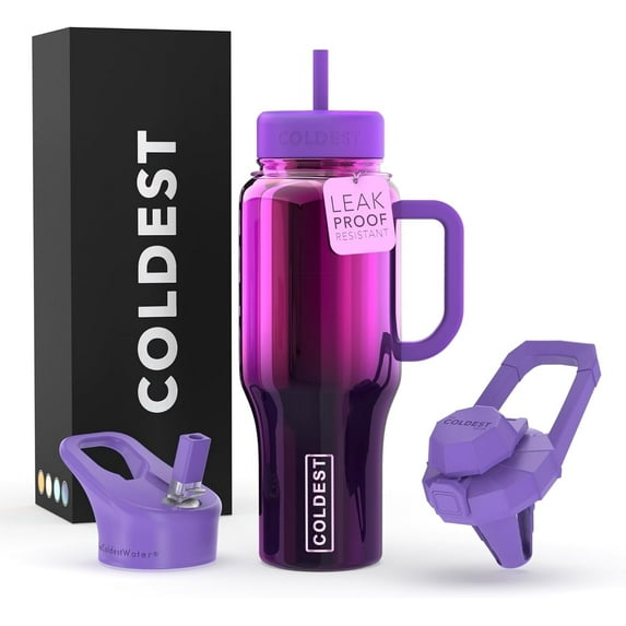 Coldest Tumbler with Handle and Straw Lid, 3 Lids Insulated Reusable Stainless Steel Water Bottle Travel Mug Gifts for Women Him Her, Limitless Collection (36 oz, Purple Nova Reflect)