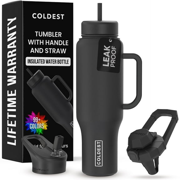 Coldest Tumbler with Handle and Straw Lid, 3 Lids Insulated Reusable Stainless Steel Water Bottle Travel Mug Gifts for Women Him Her, Limitless Collection (46 oz, Stealth)