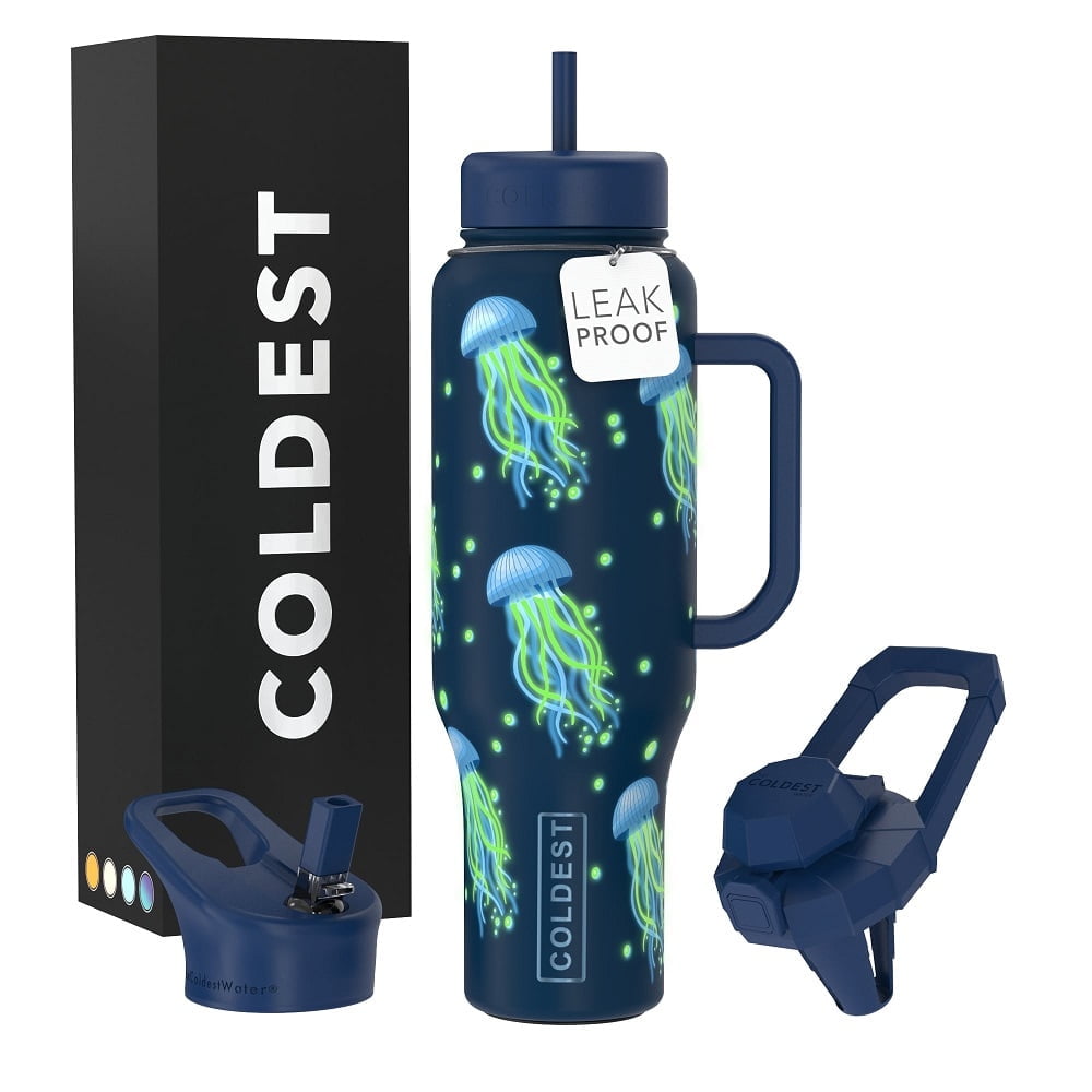 Coldest Tumbler with Handle and Straw Lid, 3 Lids Insulated Shaker Water Bottle Gifts for Women Him Her, Limitless Collection (46 Oz, Glowie Jellyfish)