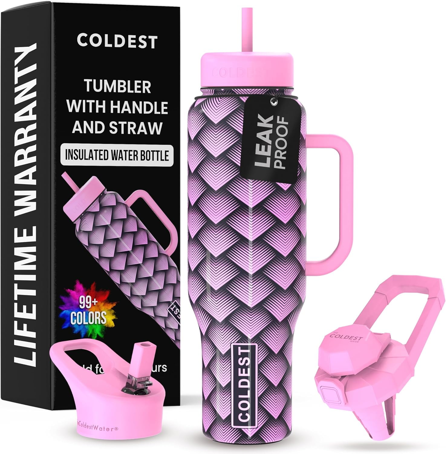 Coldest Tumbler with Handle and Straw Lid, 3 Lids Insulated Shaker