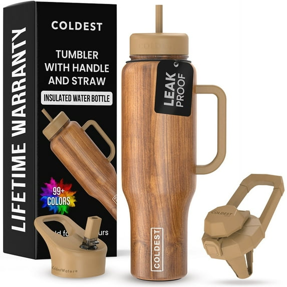 Coldest Tumbler with Handle and Straw Lid, 3 Lids Insulated Shaker Water Bottle Gifts for Women Him Her, Limitless Collection (46 oz, Executive Wood)