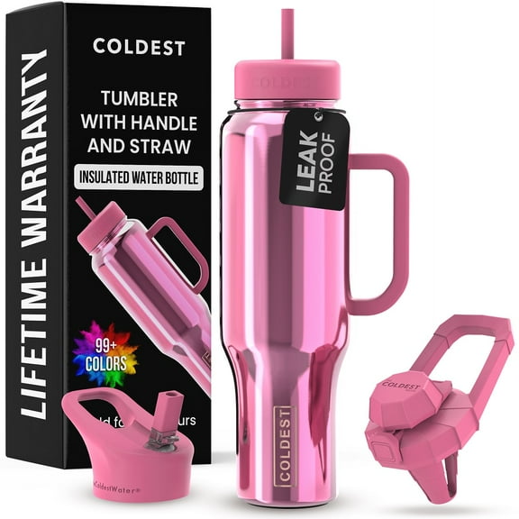 Coldest Tumbler with Handle and Straw Lid, 3 Lids Insulated Shaker Water Bottle Gifts for Women Him Her, Limitless Collection (46 oz, Pink Reflect)
