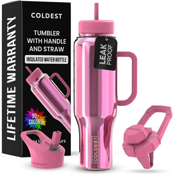 Coldest Tumbler with Handle and Straw Lid, 3 Lids Insulated Shaker Water Bottle Gifts for Women Him Her, Limitless Collection (46 oz, Pink Reflect)