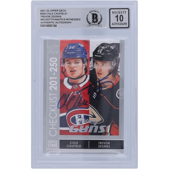 Cole Caufield Montreal Canadiens and Trevor Zegras Anaheim Ducks Autographed 2021-22 Upper Deck Young Guns Checklist