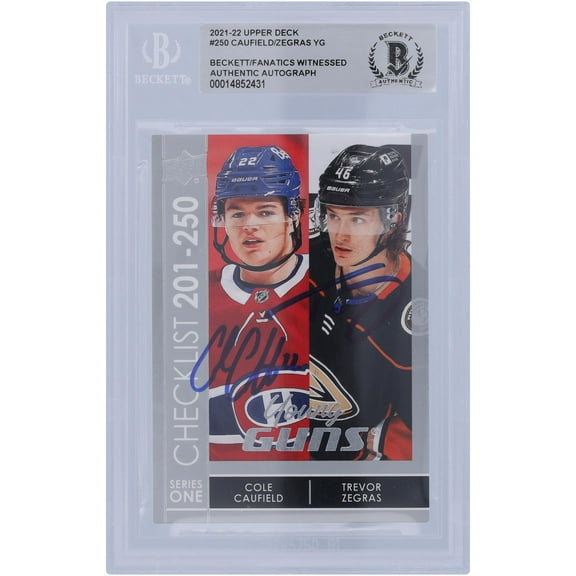 Cole Caufield Montreal Canadiens and Trevor Zegras Anaheim Ducks Autographed 2021-22 Upper Deck Young Guns Checklist Silver #250 Beckett Fanatics Witnessed Authenticated Rookie Card - Fanatics