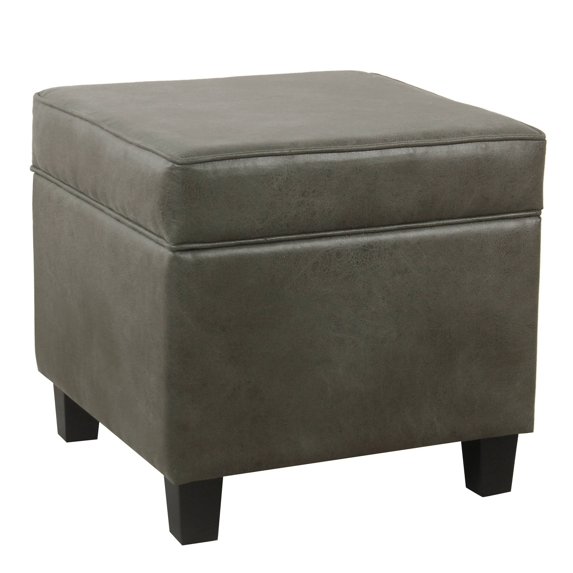 Cole Classics Square Storage Ottoman with Lift Off Top Faux Leather Gray: Upholstered Footstool, Wood Legs, Modern Design