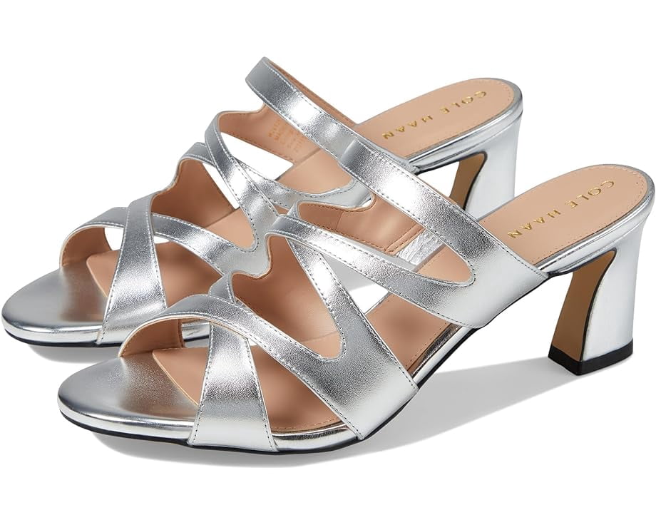Cole Haan Alyse Silver Specchio Leather Open Toe Slip On Block