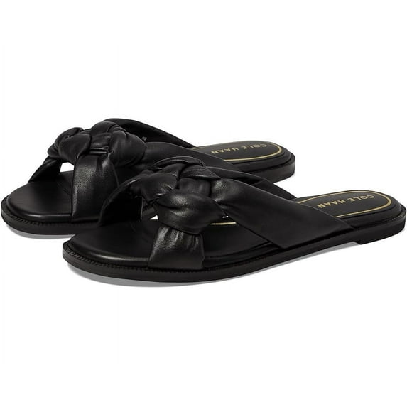 Cole Haan Anica Black Leather Open Toe Slip On Knotted Strap Flat Slides Sandals (Black Leather, 5)