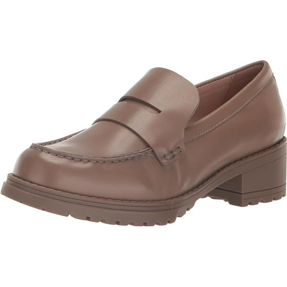 Cole Haan Camea Irish Coffee Leather Rounded Toe Slip On Block Heeled Loafers (Irish Coffee Leather, 9)