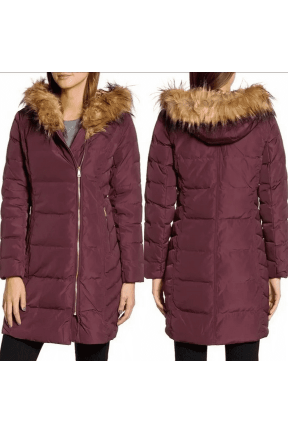 Chevron Quilt Hooded Down Coat Merlot Small