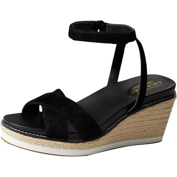 Cole Haan Cloudfeel Black Open Toe Ankle Strap Wedge Heeled Espadrille Sandals (Black, 5)