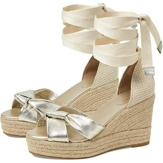Cole Haan Cloudfeel Hampton Soft Gold Leather/Natural Canvas Wedge Heeled Sandal (Soft Gold Leather/Natural Canvas, 6.5)
