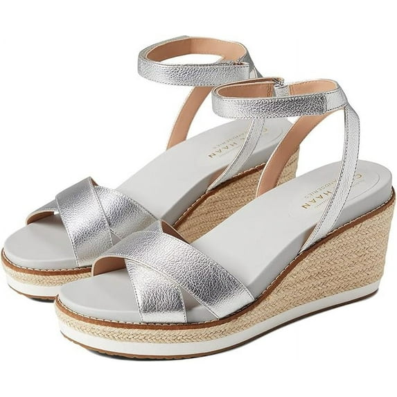 Cole Haan Cloudfeel Silver Open Toe Ankle Strap Wedge Heeled Espadrille Sandals (Silver, 9)