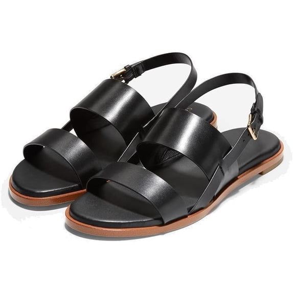 Cole Haan Flynn Black Leather Ankle Strap Rounded Open Toe Strappy Flats Sandals (Black Leather, 6.5)