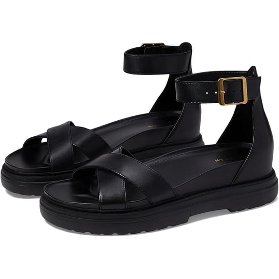Cole Haan Fraya Black Leather Ankle Strap Open Rounded Toe Chunky Heel Sandals (Black Leather, 6.5)