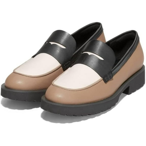 Cole Haan Geneva Birch Beige/Ivory/Black Suede Slip On Round Toe Classic Loafers (Birch Beige/Ivory/Black, 5.5)