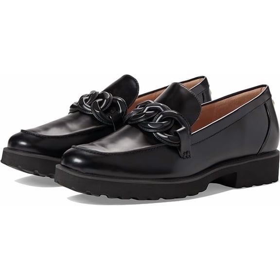 Cole Haan Geneva Chain Black Leather Slip On Rounded Toe Classic Loafers (Black Leather, 8.5)