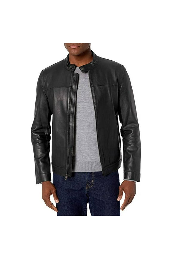 Men's Bonded Racer Leather Jacket (Black, M)