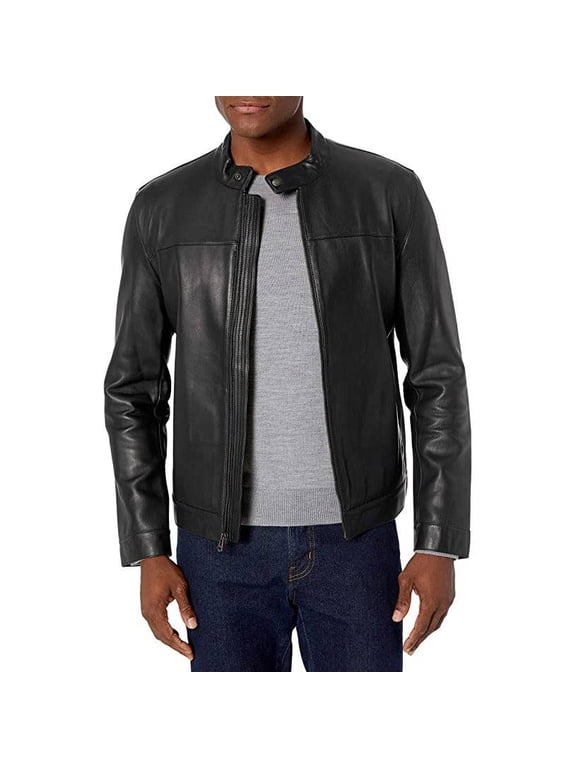 Men's Bonded Racer Leather Jacket (Black, S)