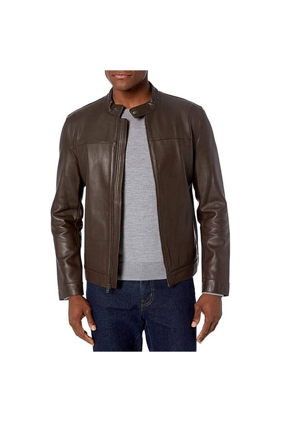 Men's Bonded Racer Leather Jacket (Chocolate, M)