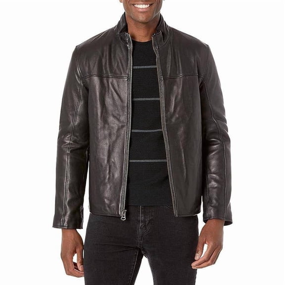 Cole Haan Men's Lamb Leather Jacket With Ribbed Convertible Collar (Black, S)