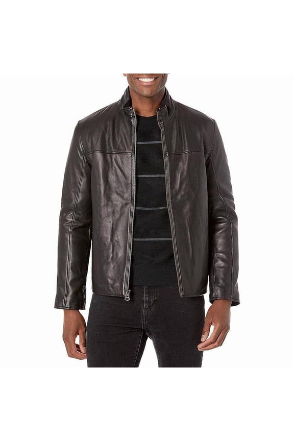 Men's Lamb Leather Jacket With Ribbed Convertible Collar (Black, XL)