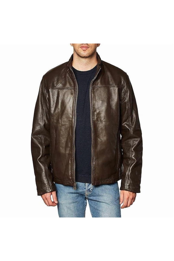Men's Lamb Leather Jacket With Ribbed Convertible Collar (Java, M)