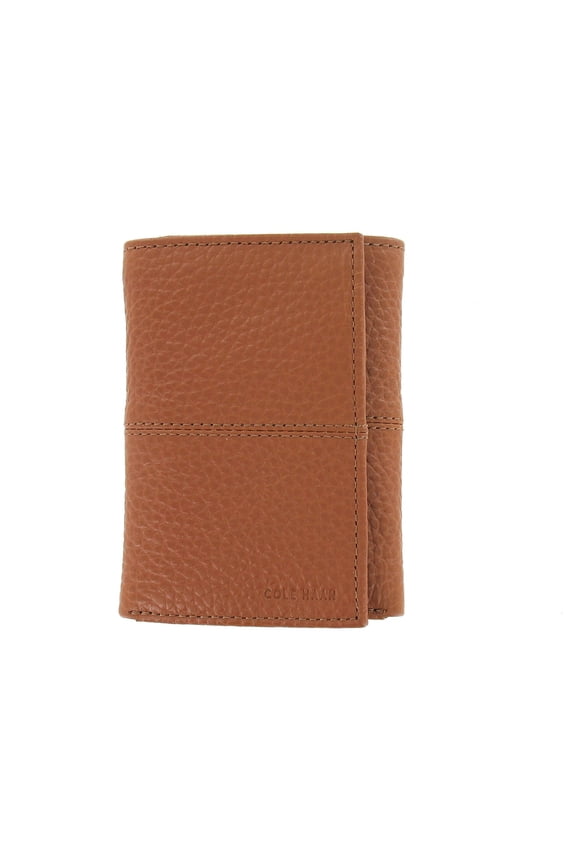 Men's Slim Pebbled Leather Tri-Fold Trifold Wallet - Cognac