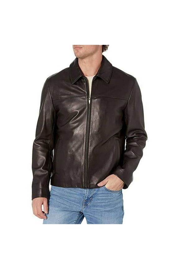 Men's Smooth Genuine Leather Collar Jacket (Black, M)