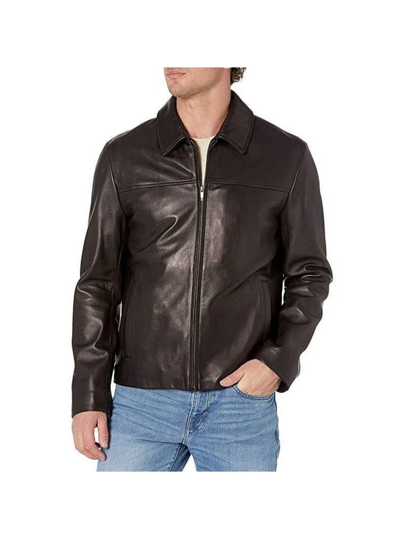 Men's Smooth Genuine Leather Collar Jacket (Black, XL)