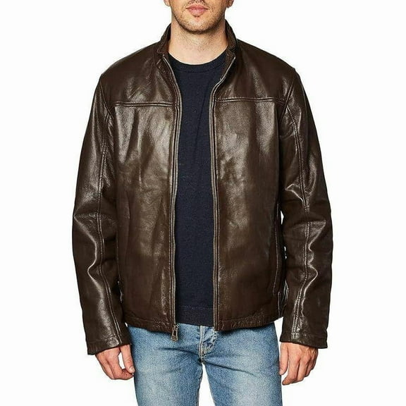 Cole Haan Men's Smooth Lamb Leather Jacket With Convertible Collar (Java, L)