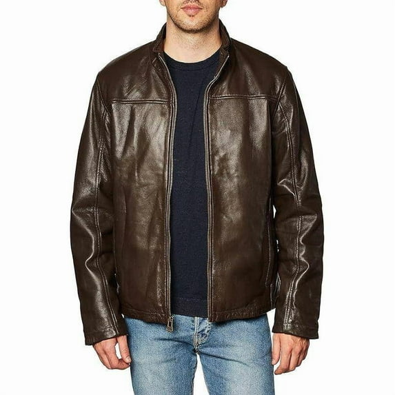 Cole Haan Men's Smooth Lamb Leather Jacket With Convertible Collar (Java, XL)