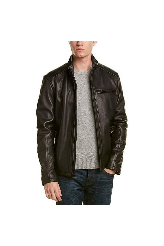 Men's Stand Collar Genuine Leather Jacket (Black, M)