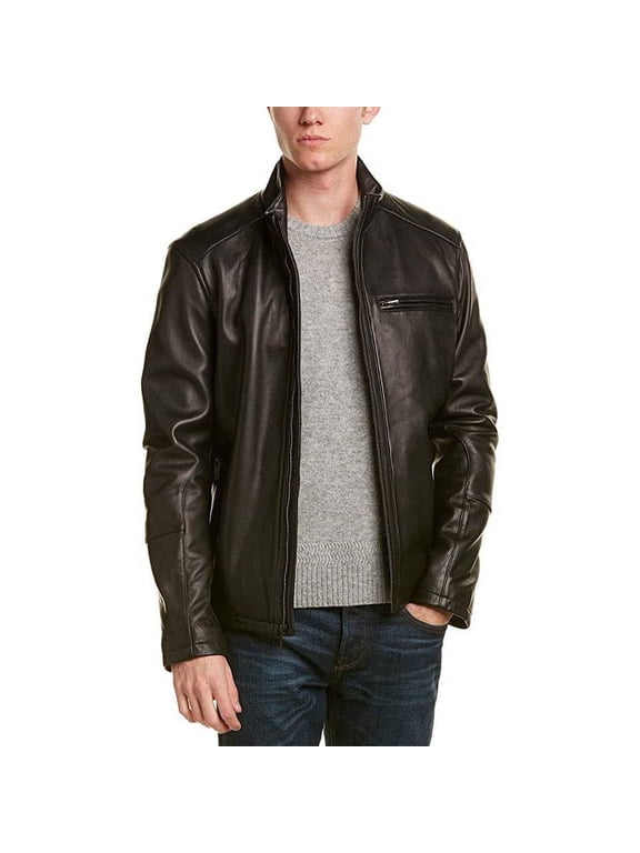 Men's Stand Collar Genuine Leather Jacket (Black, M)