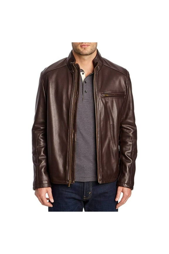 Men's Stand Collar Genuine Leather Jacket (Java, XL)