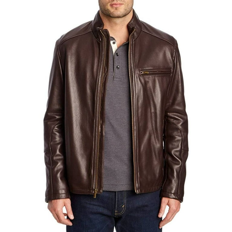 Cole Haan Men's Stand Collar Genuine Leather Jacket (Java, XXL